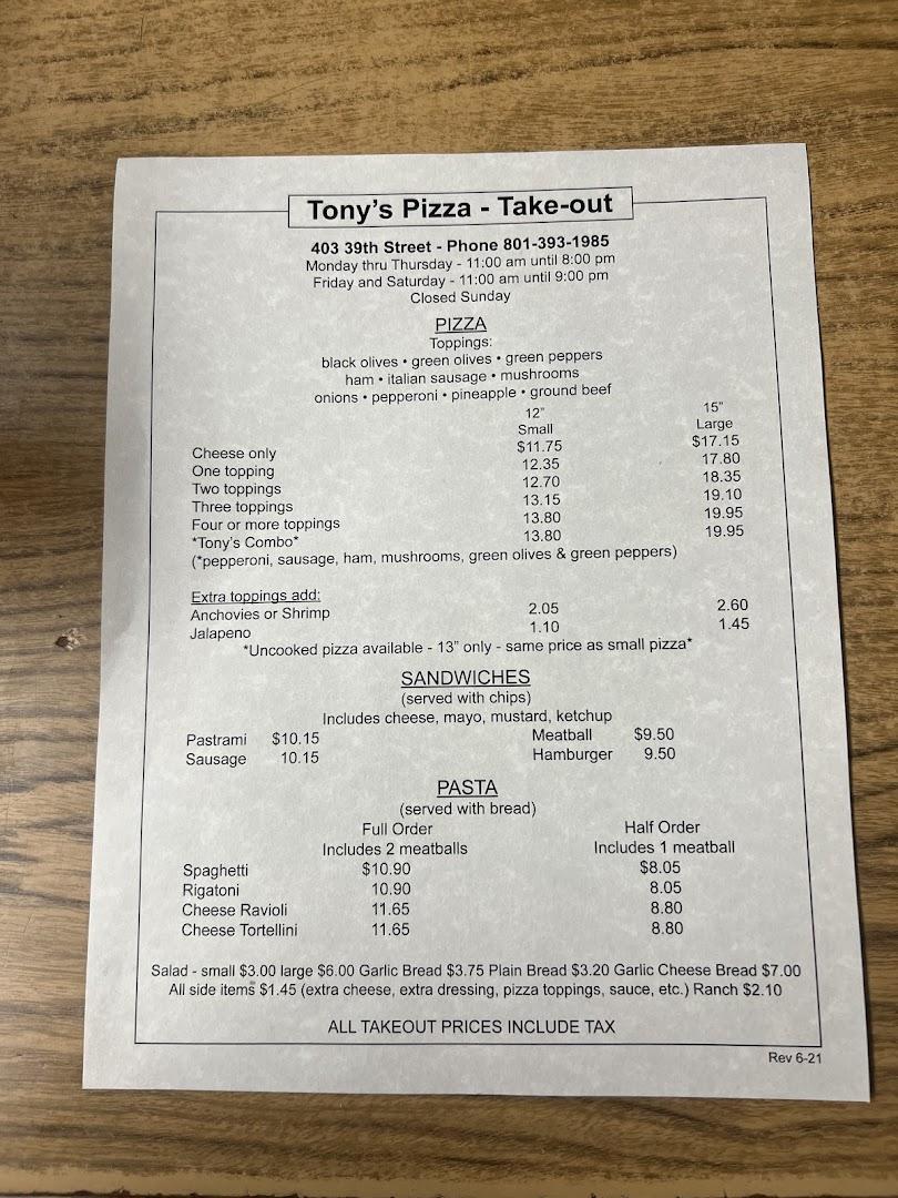 Tony's Pizza Menu image 1